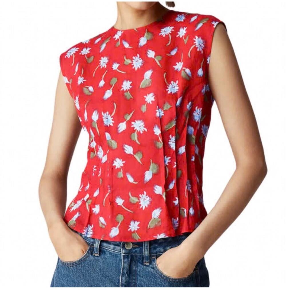 J.Crew Women's Red Pintuck Brushed Lightweight Daisy Print Ramie Top Size 4